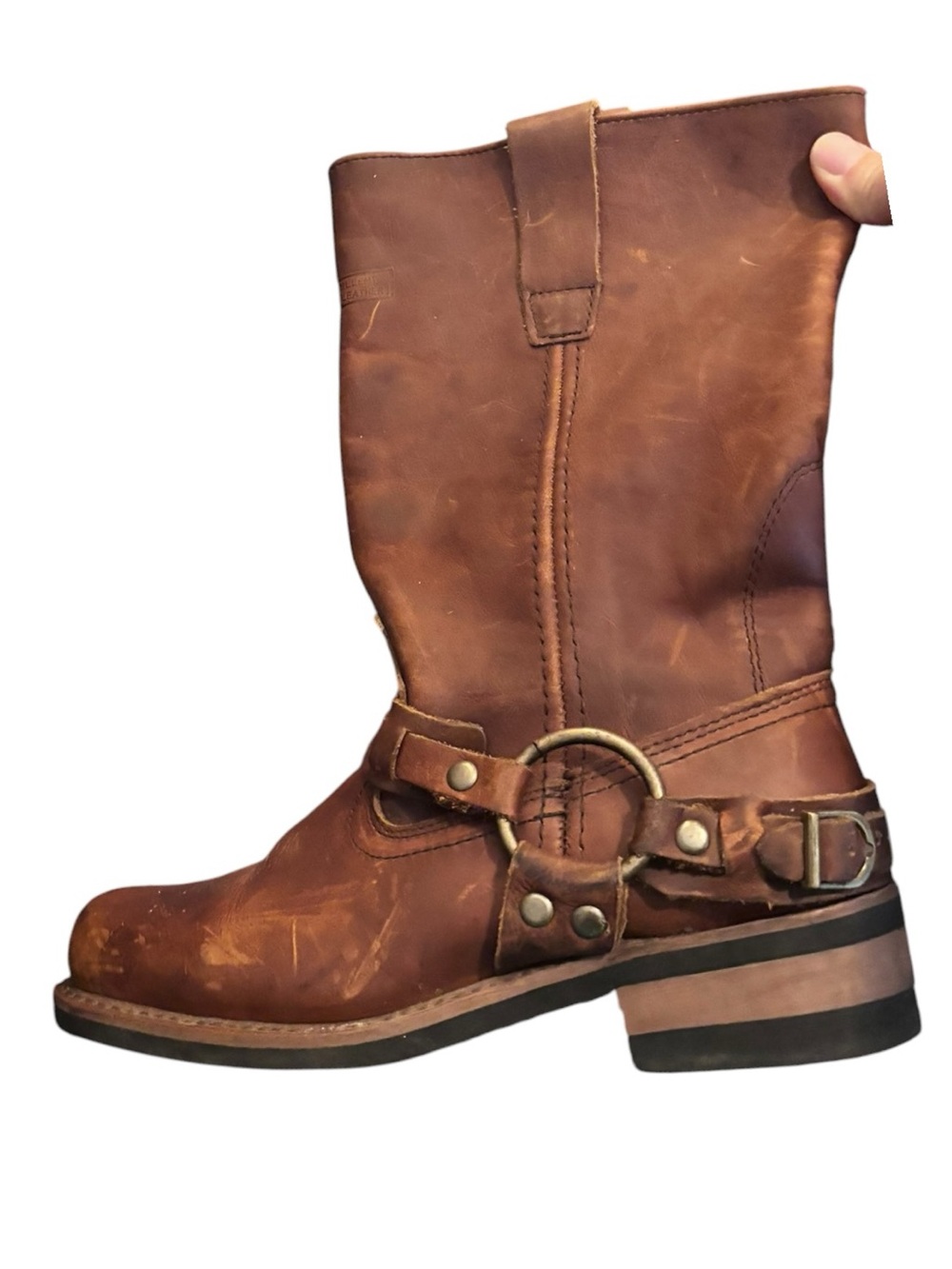 XElement Women’s Crazy Horse Brown Leather Square Toe Harness Boots Size 6
